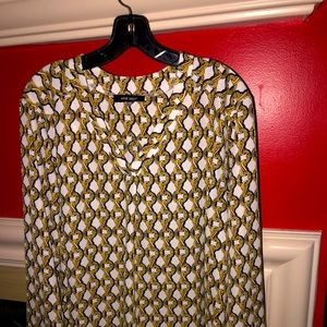 Stylish Dressy Gold, Navy Blue Pattern Blouse